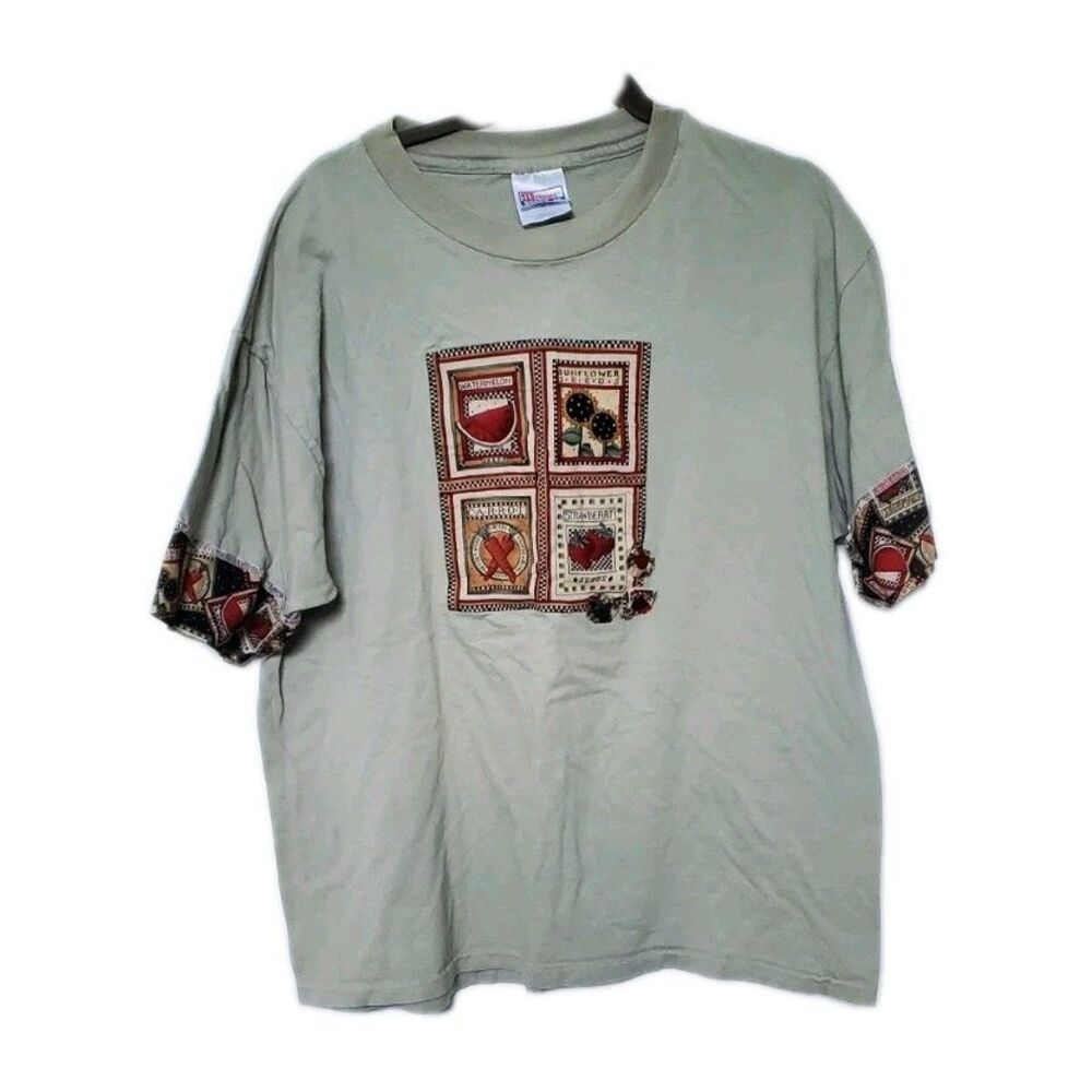 VINTAGE 90S Seed Garden Graphic Tee Hanes Beefy Tag Sage Mint Green XL Grandma